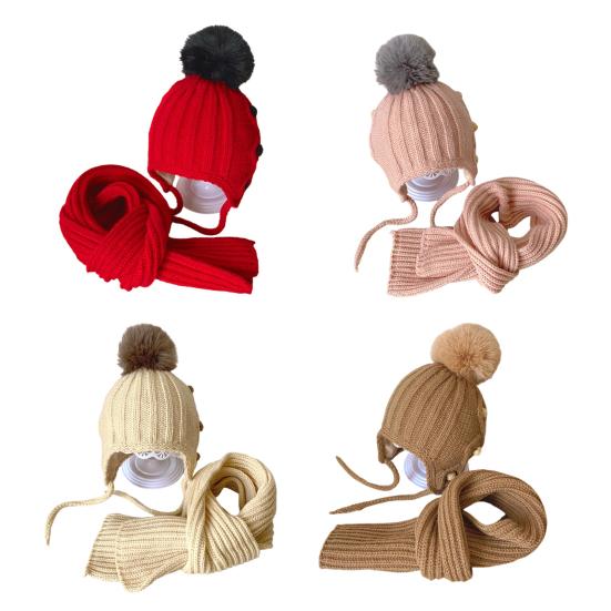 2 Pcs Kids Winter Hat Scarf Set Soft Cable Knitted Pom-Pom Hat Warm Scarf Set for Boys Girls Toddlers