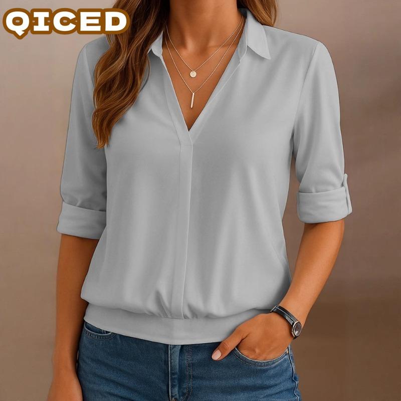 QICED Women's Fashion Casual Solid Color Print Long Sleeve V Neck Blouses & Shirts Unique Design