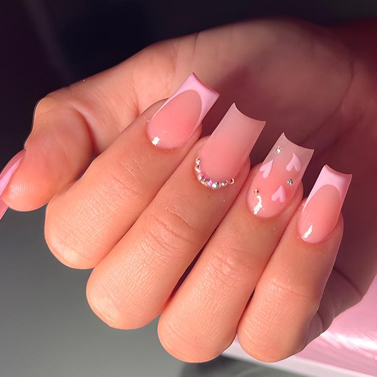 Rhinestone Pink Heart French Nail Art – Nude Fashionable Wearable Nails