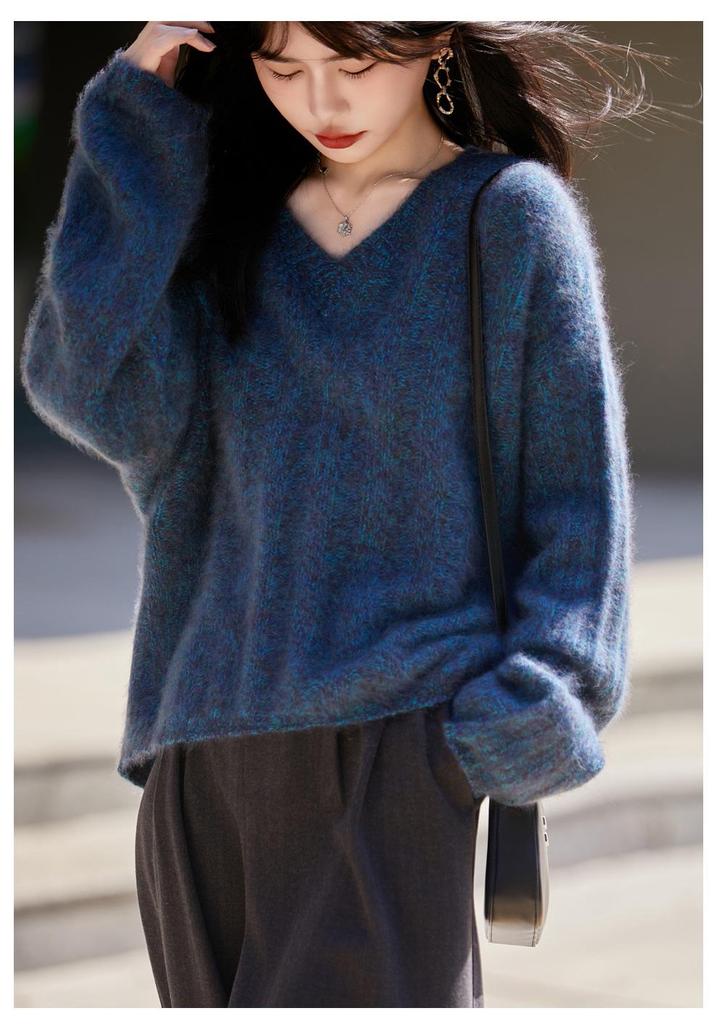 Autumn 2025 Solid V-Neck Brushed Knit Wool Sweater - Loose, Fashionable, Cozy Pullover
