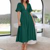 Puff Sleeve Vacation Dress For Women Summer  Deep V Neck Casual Short Sleeve A-Line Maxi Dresses
