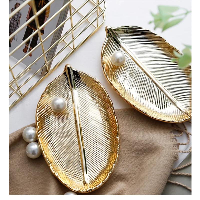 Ceramic Leaves Plate Tree Leaf Jewelry Snacks Dessert Silver Storage Tray Rose Gold Ceramics Jewelry Enamel Trinket Dish