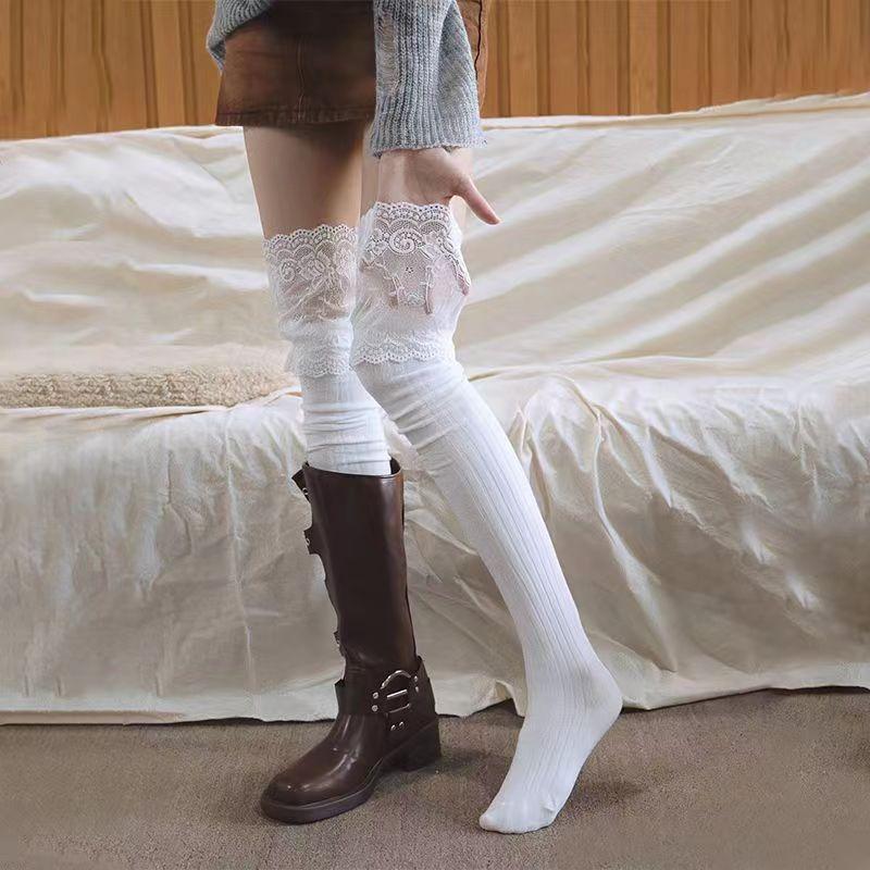 

Autumn Winter Pure Color Woman Stocking Thigh High Lace Cute Thick Warm Stockings