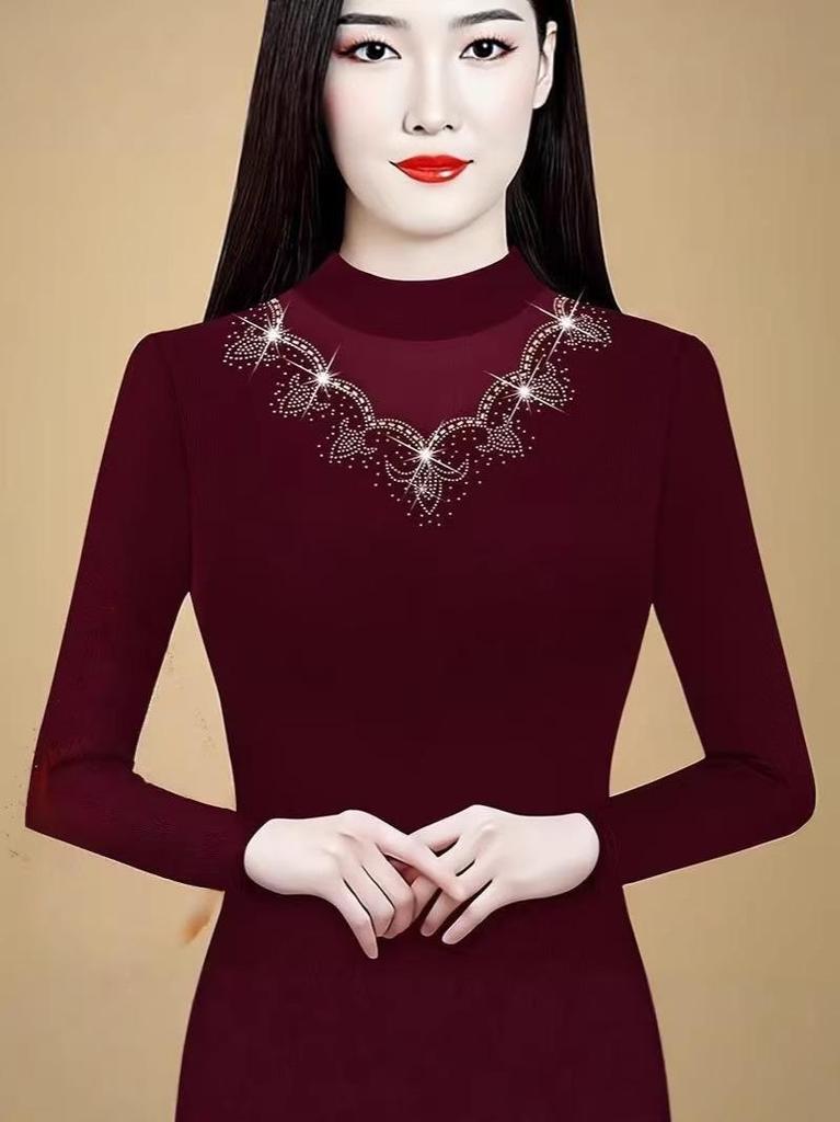 Autumn Winter Beaded Velvet Turtleneck: Tummy-Slimming, Long Sleeve Women's Warm Shirt