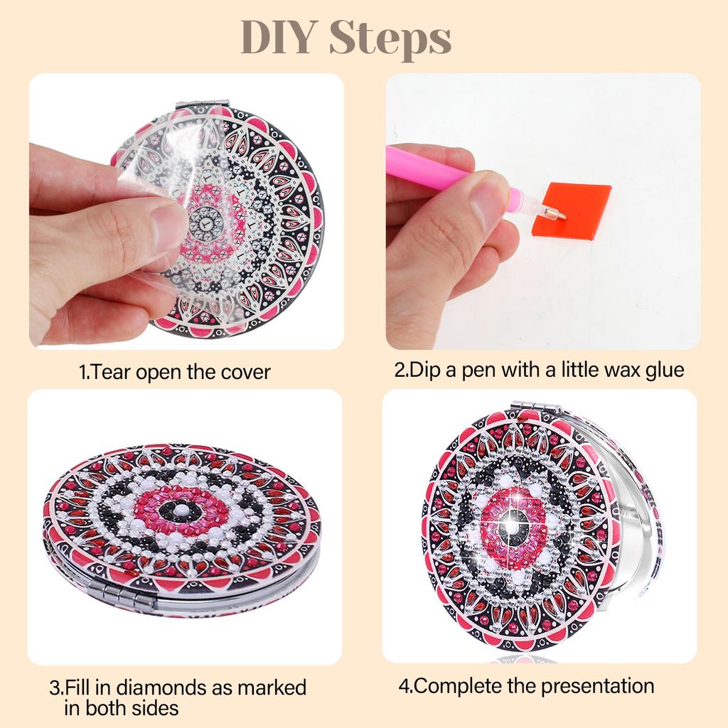 4 Pcs Portable Makeup Mirror DIY Diamond Painting Pocket Mirror Set Foldable Double-sided Makeup Mirrors for Girls Kid and Women