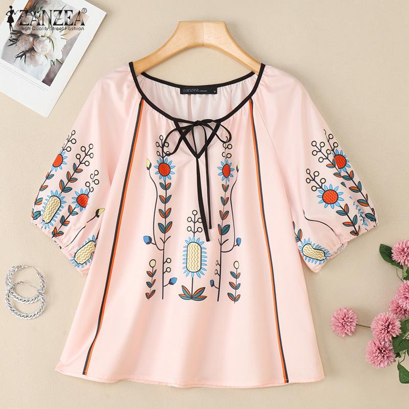 ZANZEA Blusa Feminina Casual de Gola Redonda Solta Manga 3/4 Estampada