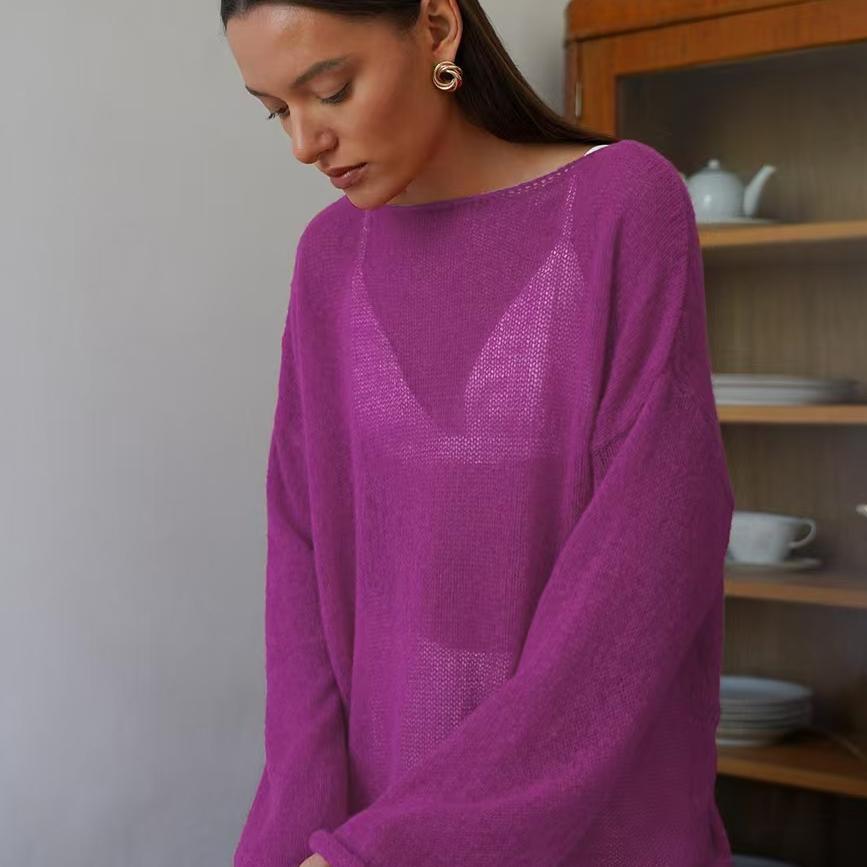 

Осень Новый Ажурный Вязаный Топ Женский Свободный Сетчатый Плетеный Сексуальный С Круглым Вырезом Прозрачный Тонкий Свитер 3XL фиолетовый