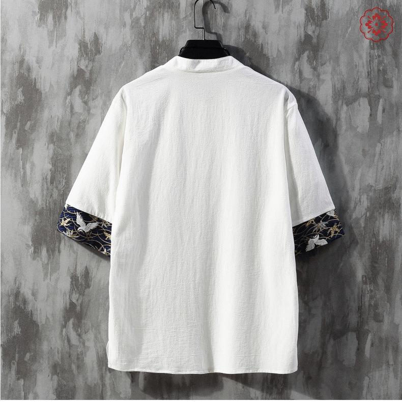 Camisetas con bordado de grullas para hombre, ropa tradicional de estilo japonés, camisas de lino de manga corta con cuello mandarín para hombre
