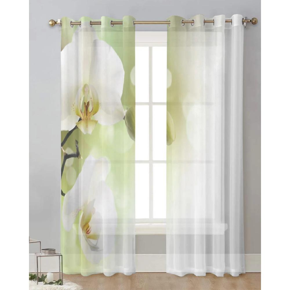 White Phalaenopsis Flower Sheer Curtains for Living Room Decoration Tulle Voile Organza Window Curtains for Kitchen Bedroom