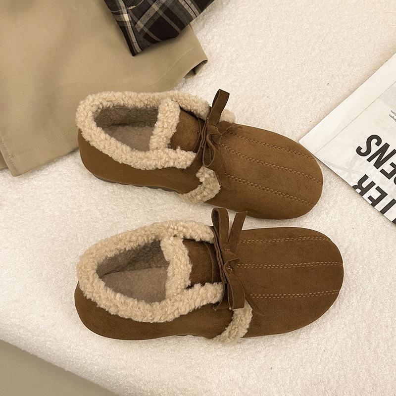 Pantofi casual din catifea cu talpă moale pentru femei, noi de iarnă, cu fundă retro, pantofi pufoși cu un singur pas, pantofi de bumbac plați pentru femei