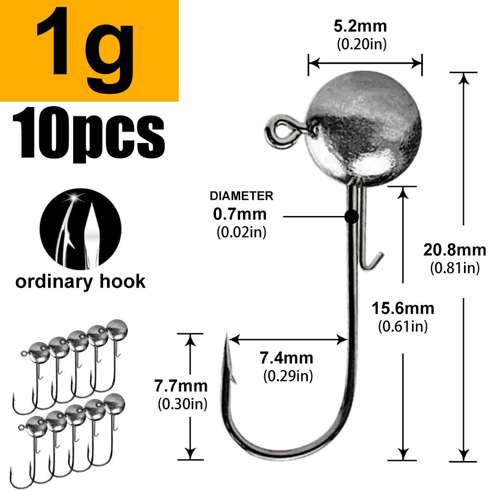 

1g 2g 3g 4g -20g all size fishing jig head hook for worm soft lure bait ,round head crank jigging fishing hooks 10 pieces