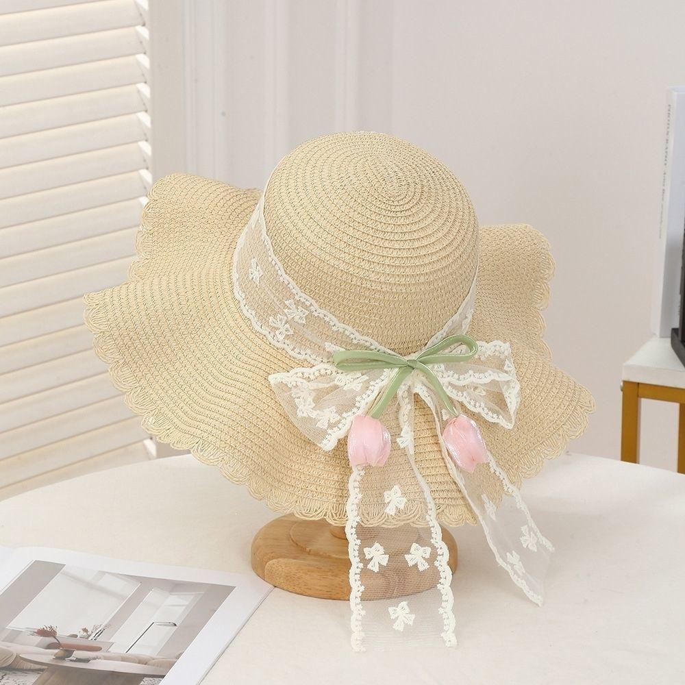Big-Brimmed Straw Hat Women'S Summer Sunscreen Sun Hat Seaside Vacation Lace Bow Beach Hat Show Face