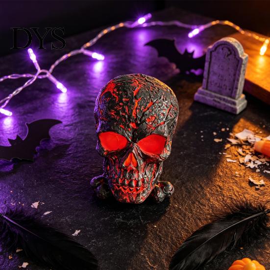 Glowing Skull Ornament USB Gothic Lamp for Halloween, Light-up Black Red Creepy Ambient Lighting Figurine, Resin Skeleton Head Statue Desk Decor