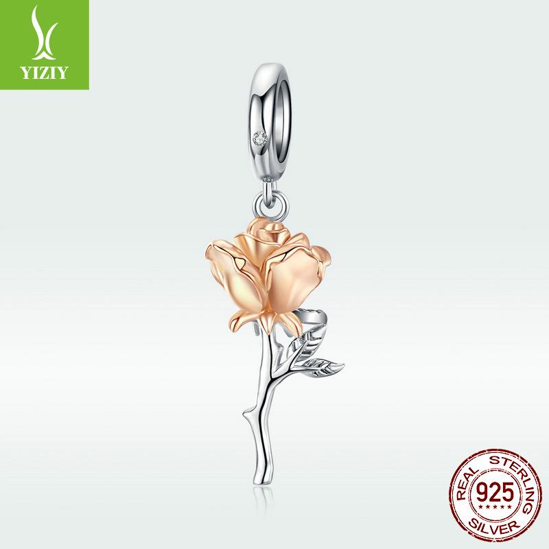 S925 Silver Lover Rose Pendant, Romantic Valentine'S Day Electroplated Rose Gold Beaded Bsc145