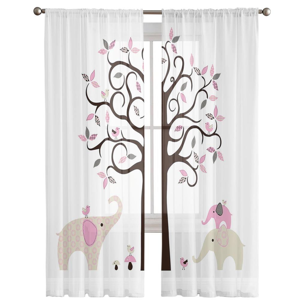 Cartoon-Bäume und Elefanten, Tüll-Vorhänge für Wohnzimmer, Küche, durchsichtiger Voile-Vorhang, Schlafzimmer-Fensterpaneele