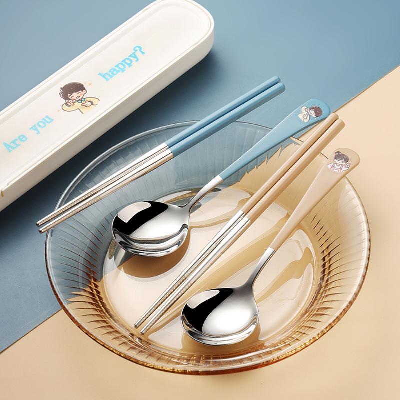 304 Stainless Steel Cartoon Tableware, Chopsticks and Spoons, Food Grade, Office Workers, Single Tableware