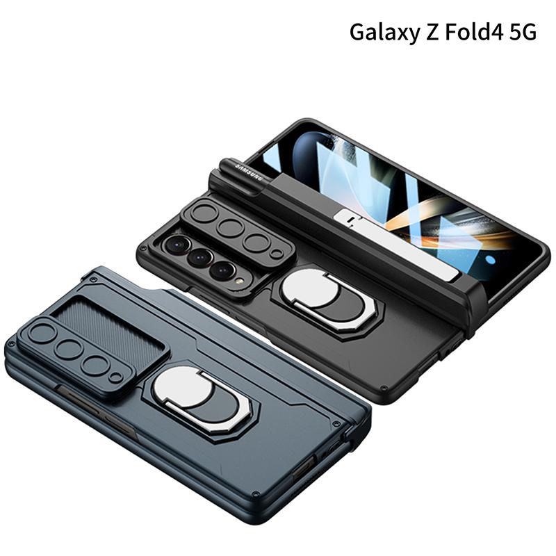 Ebesfous Magnetic Armor Pen Holder Case For Samsung Galaxy Z Fold 4 5g Magnetic Hinged Cases With Front Glass 2 Bracket Lens Cap