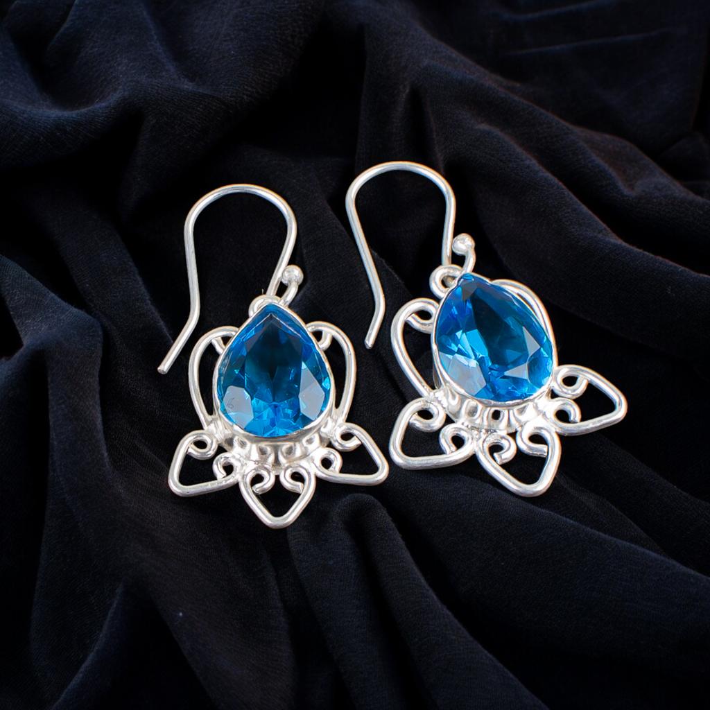 925 Sterling Silver Swiss Blue Topaz Gemstone Elegant Jewelry Earrings For Wife EE-40-8