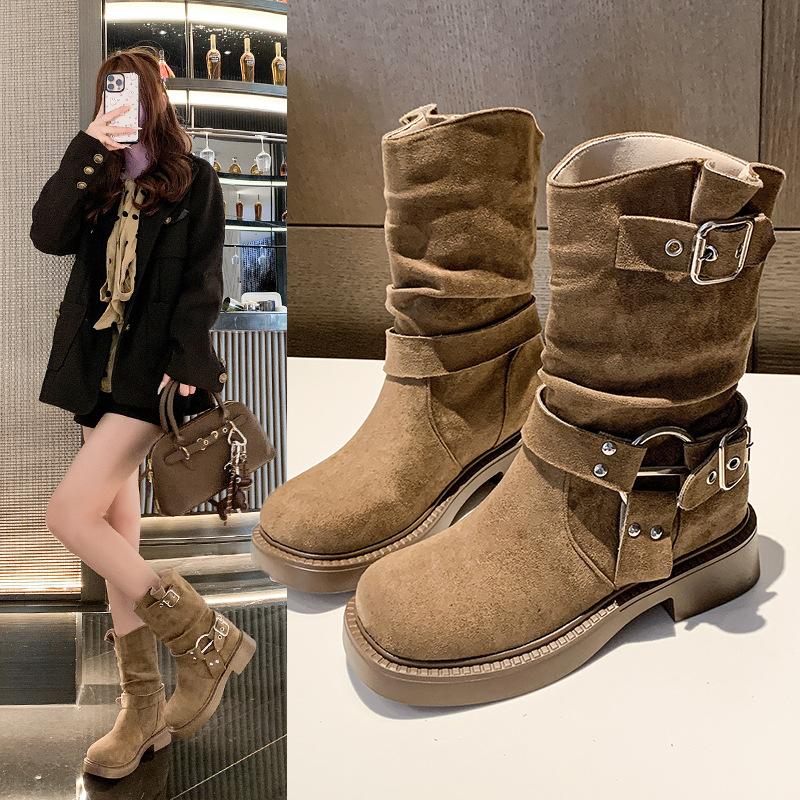 Frosted cowhide western cowboy boots women's genuine leather thick heel short boots retro square head brown high heel wasteland wind boots