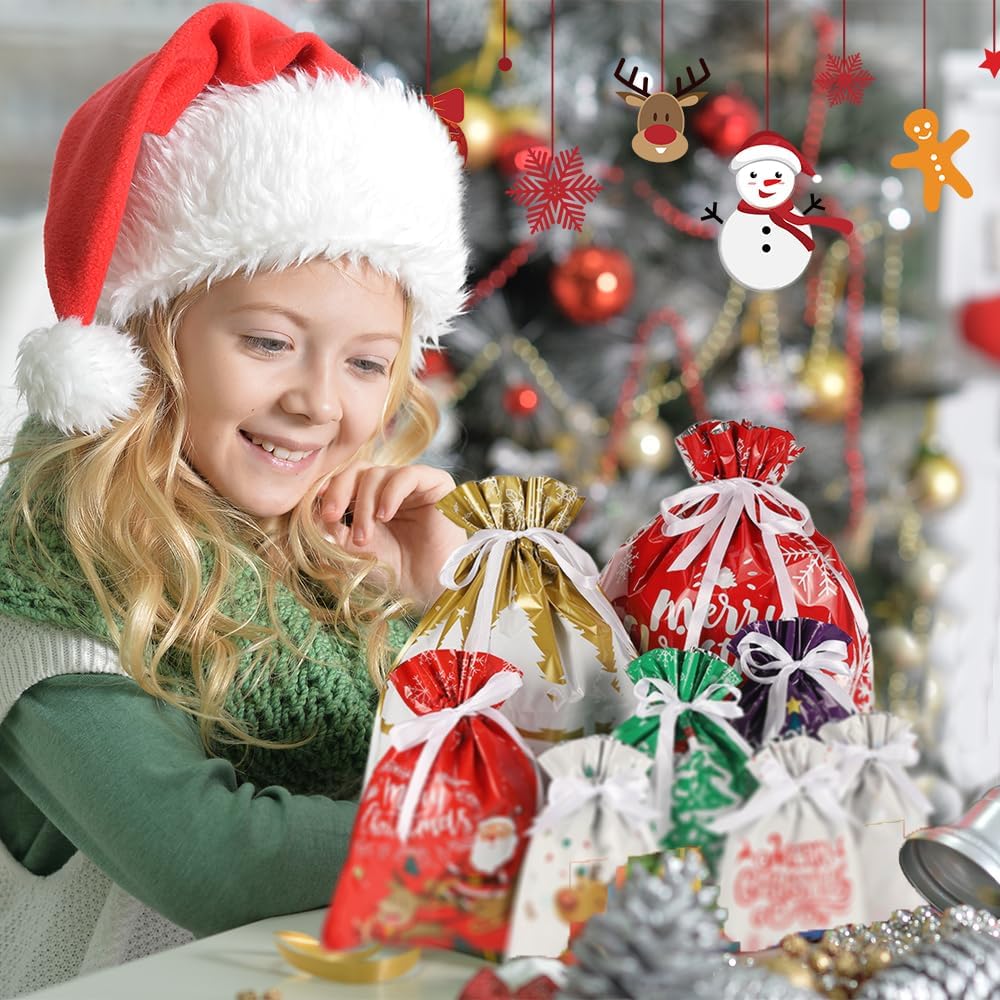 24pcs Drawstring Christmas Gift Bags Foil Gift Bags Durable Decorative Gift for Kids Holiday Celebrations