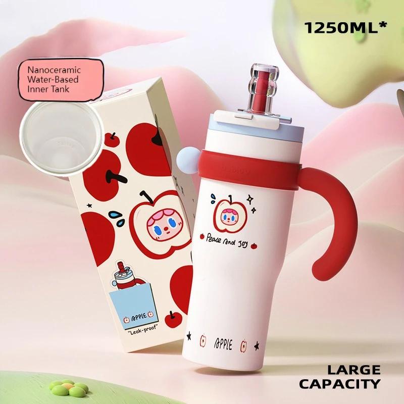 Bablov 800/1250ml Vacuum Flasks Ceramic Lined Thermos Cup with Straw & Handle Large Capacity Camping Beverage Cup Tea Ice Cup