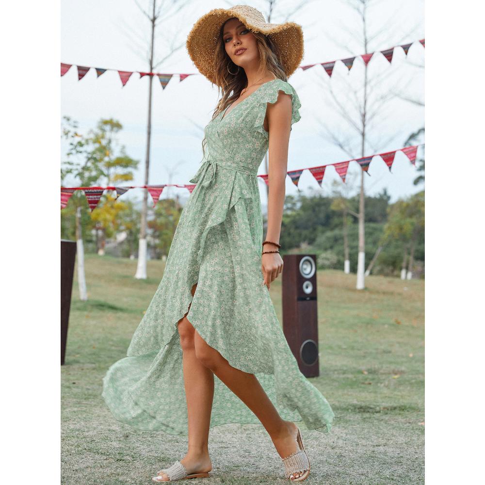 Summer Woman's Dress Bohemian V-neck Straps Large Hem Dress Vacation Dress