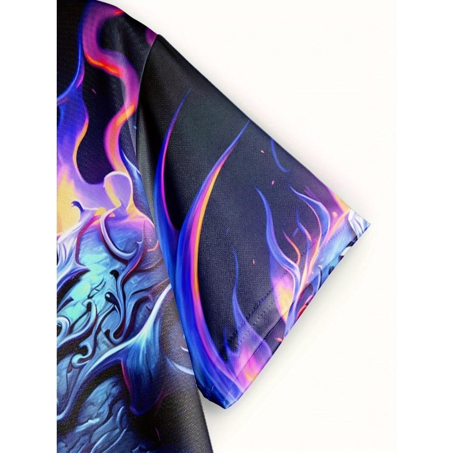 Plus Size Men's 3D Glow Skull & Flames Graphic Print T-shirt Funky Short Sleeve Tees For Summer, Halloween Men's Clothing