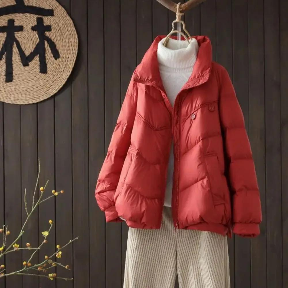 

Women White Duck Down Jacket Winter Coats Women Stand Collar Short Puffer Coat Warm Female Parkas Loose Casual Feather Coat XS червоний