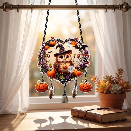 Halloween Party Supplies Acrylic Love Heart Wreath Ornament, Cartoon Owl Ghost Witch Ornaments Skeleton Hanging Decor, Festive Decoration Pendant with