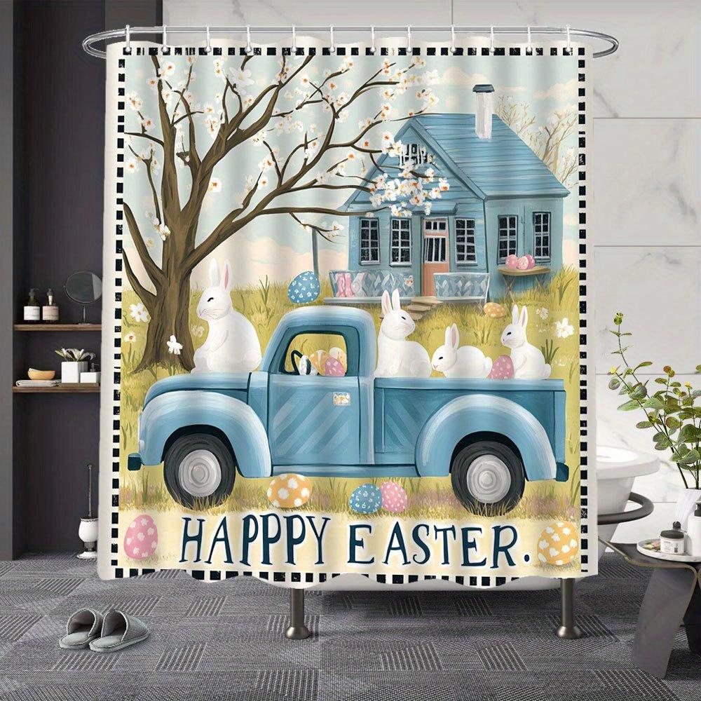 

1Pc Easter Themed Shower Curtain - Fun Bunny & Eggs, Soft Warm Art Prints, Rustic Style, 70.8X70.8In, 12 Hooks Included W60H190(CM)-1 Pcs