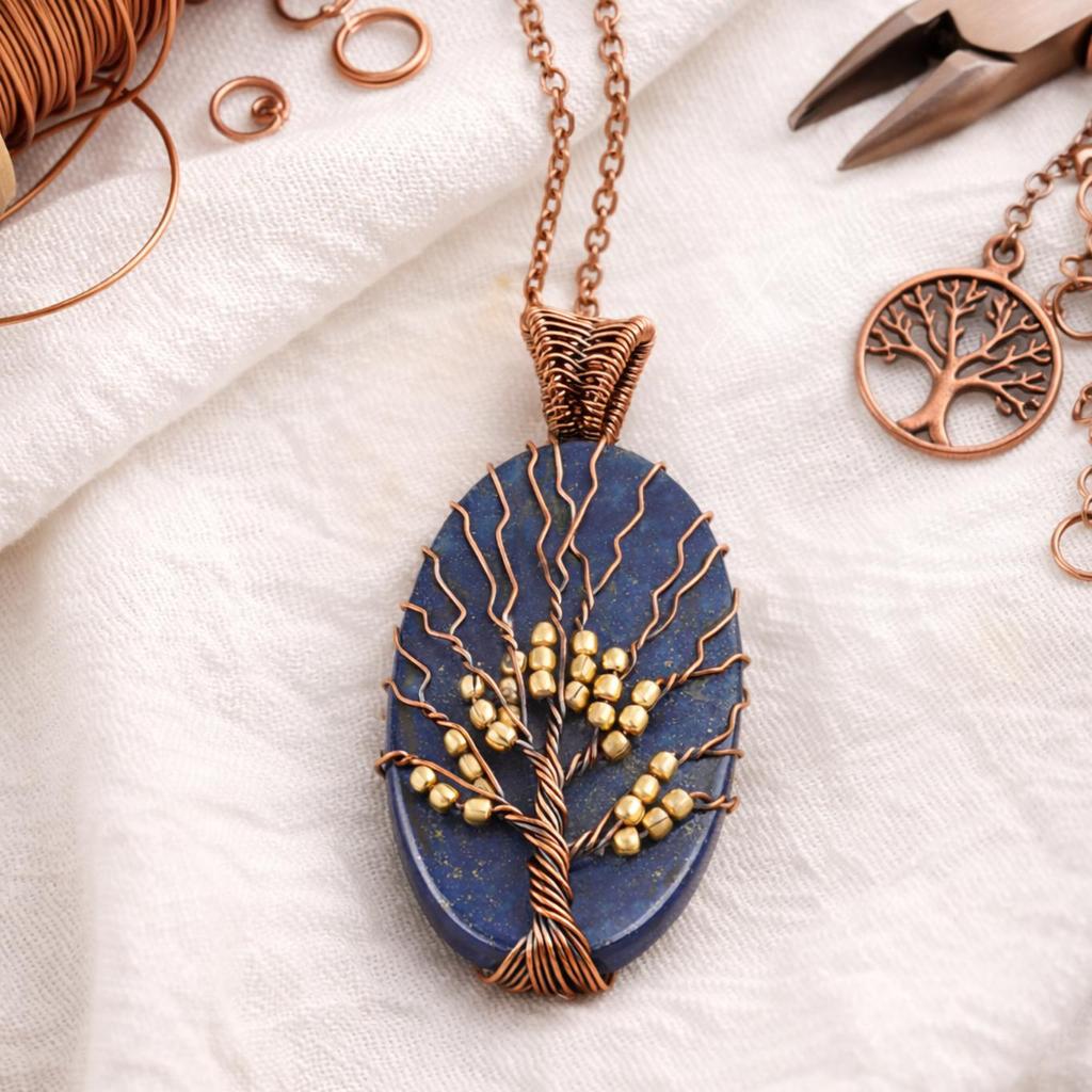 Handmade Lapis Lazuli Tree of Life Pendant Copper Wire Wrapped Pendant Blue Gemstone Jewelry Gift for Women