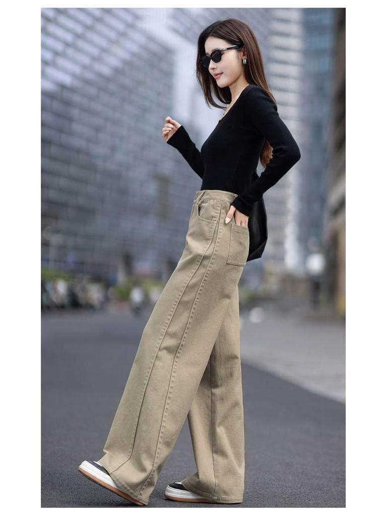 Women's Khaki Wide-Leg Jeans, New 2026 Style - Loose, Slimming, Versatile Straight-Leg for Spring & Autumn