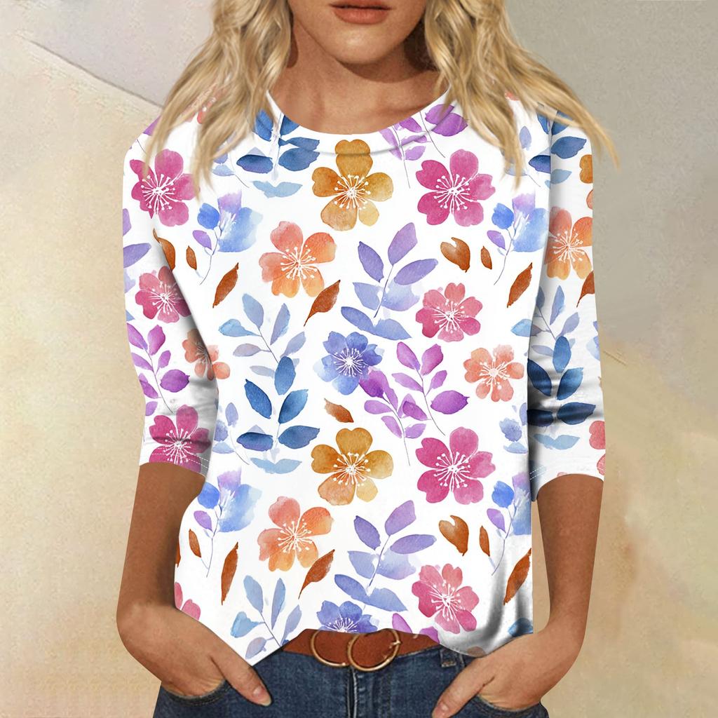 Women Casual Round Neck Three Quarter Sleeve Floral Print T Shirt Top Lightweight Soft Fabric Comfortable Fit Spring Summer Wear