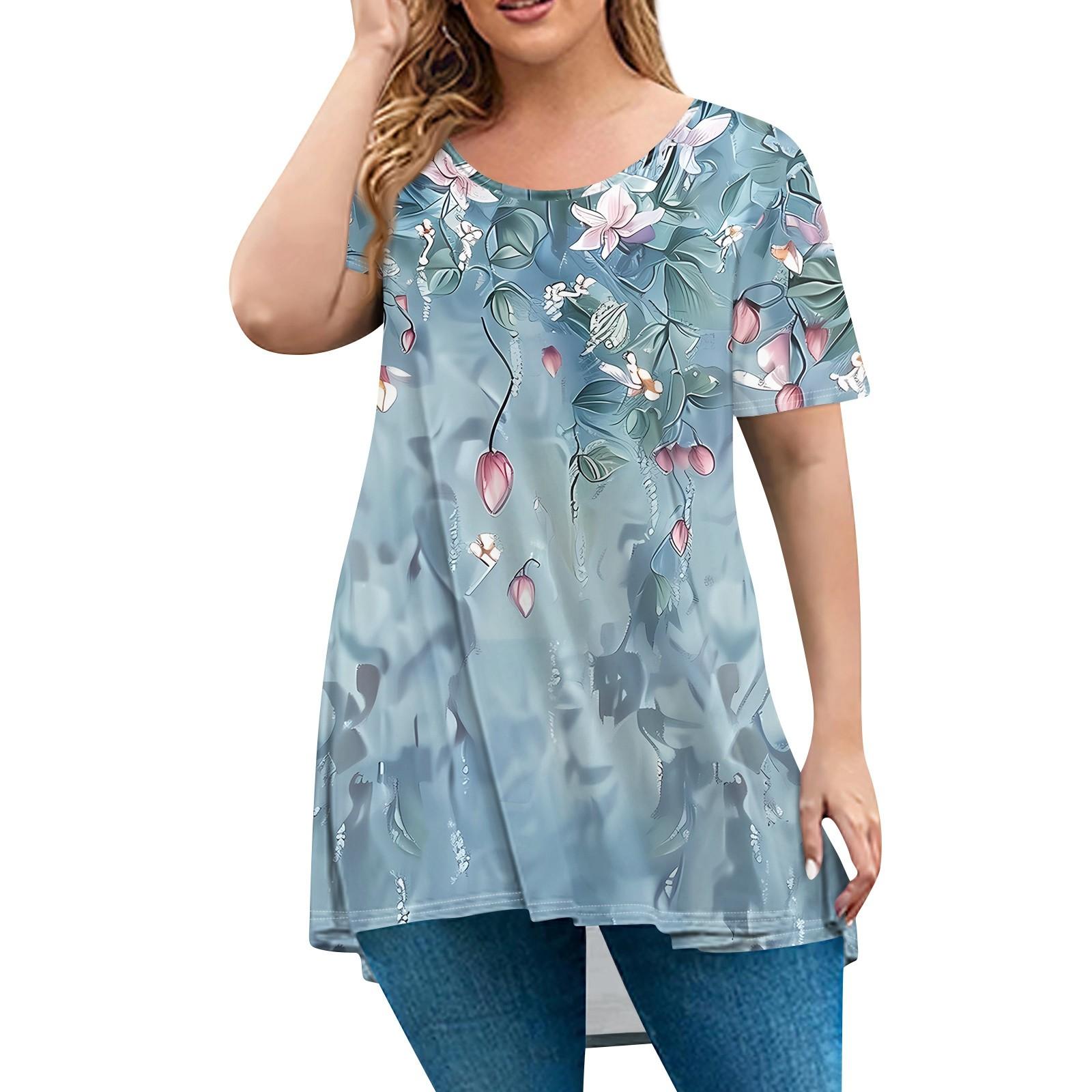 

Женская мода большого размера с круглым вырезом и коротким рукавом, повседневный свободный пуловер с принтом XL циан