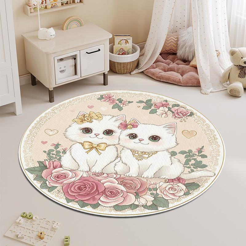 Round Carpet Bedroom Stain-resistant Cartoon Cat Bedside Children's Rug Floor Mat Living Room Washable Thickened Coffee Table Mat