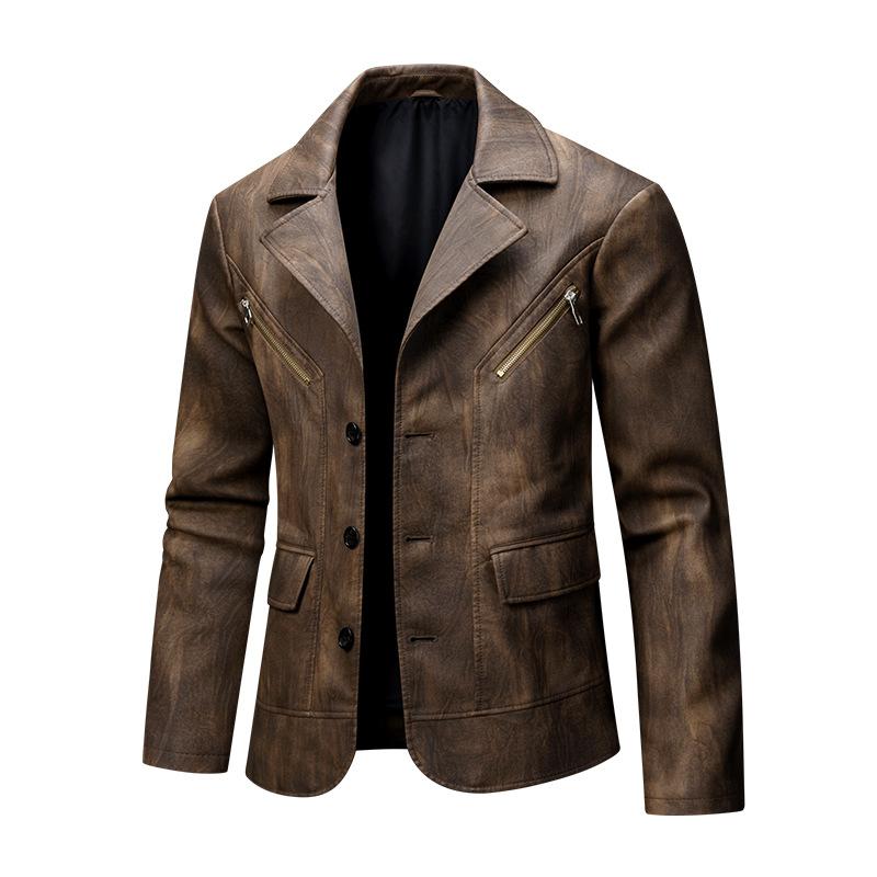 Men's Leather Suit Jacket Motorcycle Lapel Men's Retro PU Leather Jacket Slim Fit Jacket Men