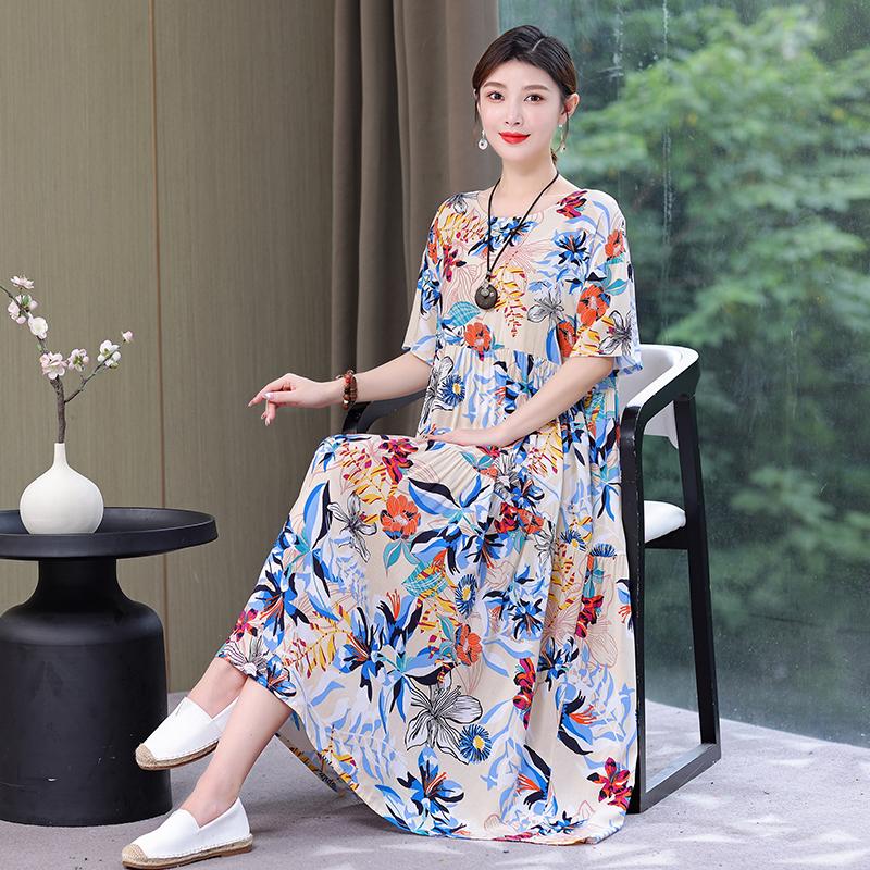 Plus Size Floral Dresses for Women  Oversize Loose Short Sleeve Summer Long Dress Middle-aged Women Summer Sundresses