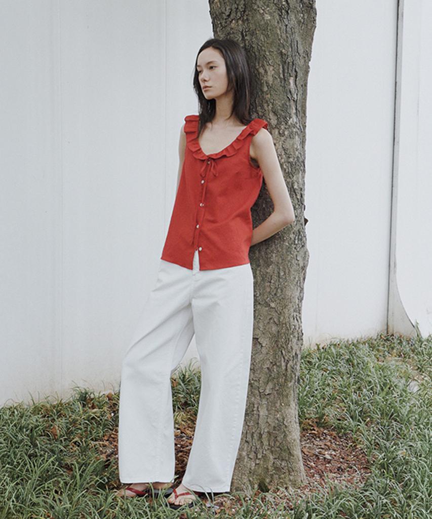 Kwinseulaebis Natural Linen Ruffled Ribbon Vest_Red_2Colors