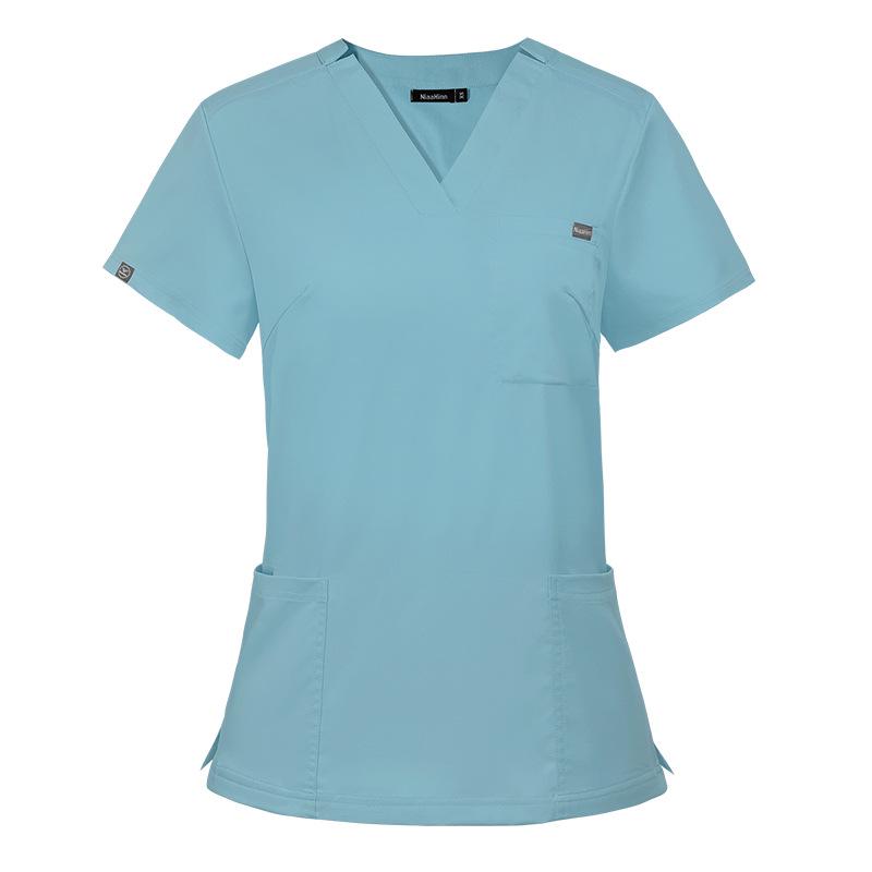 Elastic V-Neck Short Sleeve Nurse Uniform Set for Women - Surgical Scrub Suit in Stock