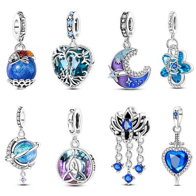 Magicalcopper Glass Blue Gem Lotus Planet Moon Charms Beads Fit 3Mmoriginal Bracelets Fine Diy Party Jewelry Gifts