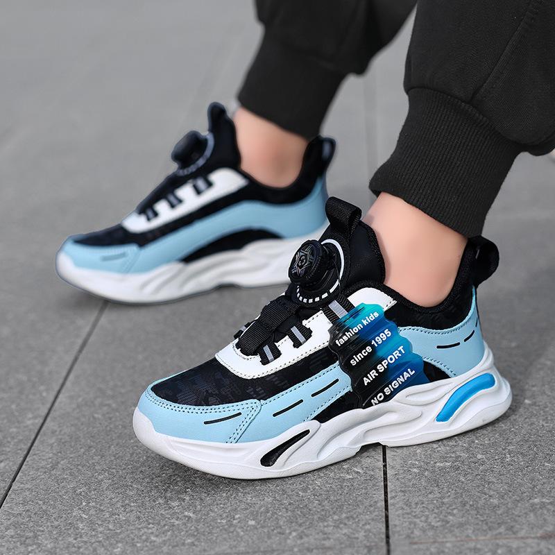 Boys Running Shoes Leather Surface Breathable Autumn Basketball Shoes Children's Sports Shoes Rotating Buckle Boys Students All-round Trendy Shoes