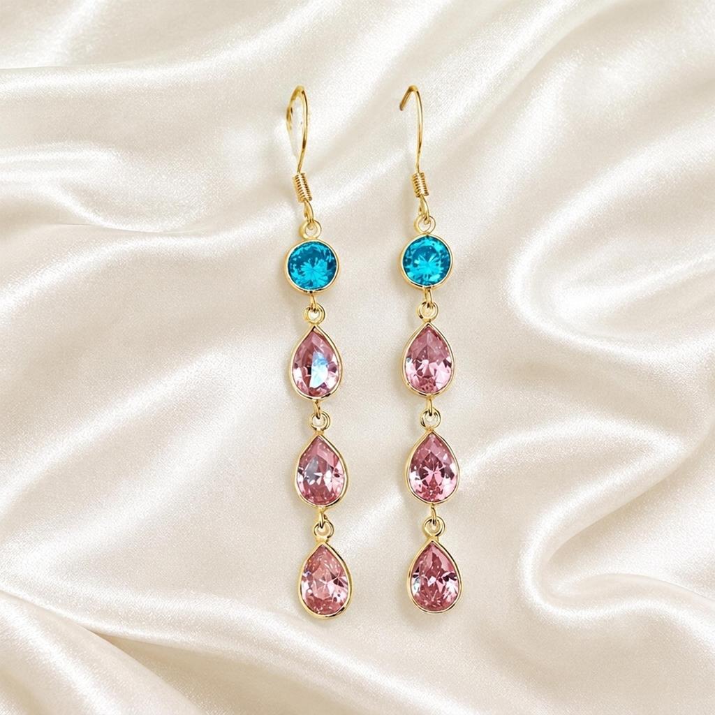 Pink and Blue Zircon Earrings 925 Sterling Silver Gold Plated Teardrop Dangle Earrings for Women, Elegant Party Wedding Jewelry