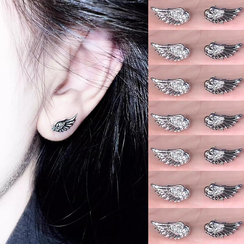 Shiny Crystal Wing Earrings for Women Girls Sliver Ear Bone Nails Hollow Wing Geometric Rhinestone Stud Earrings Jewelry Gifts