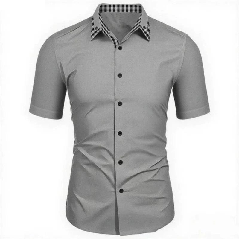 Men Short Sleeve Plaid Collar Casual Button Down Shirt S серый