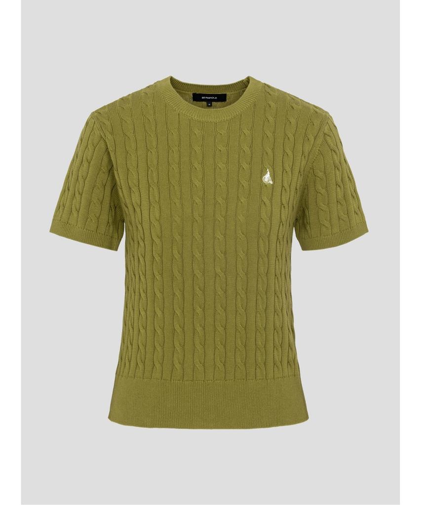 Binpolleidiseu [Essential] Cotton Cable Round Neck Short Sleeve Pullover Olive (Bf6751E02J)