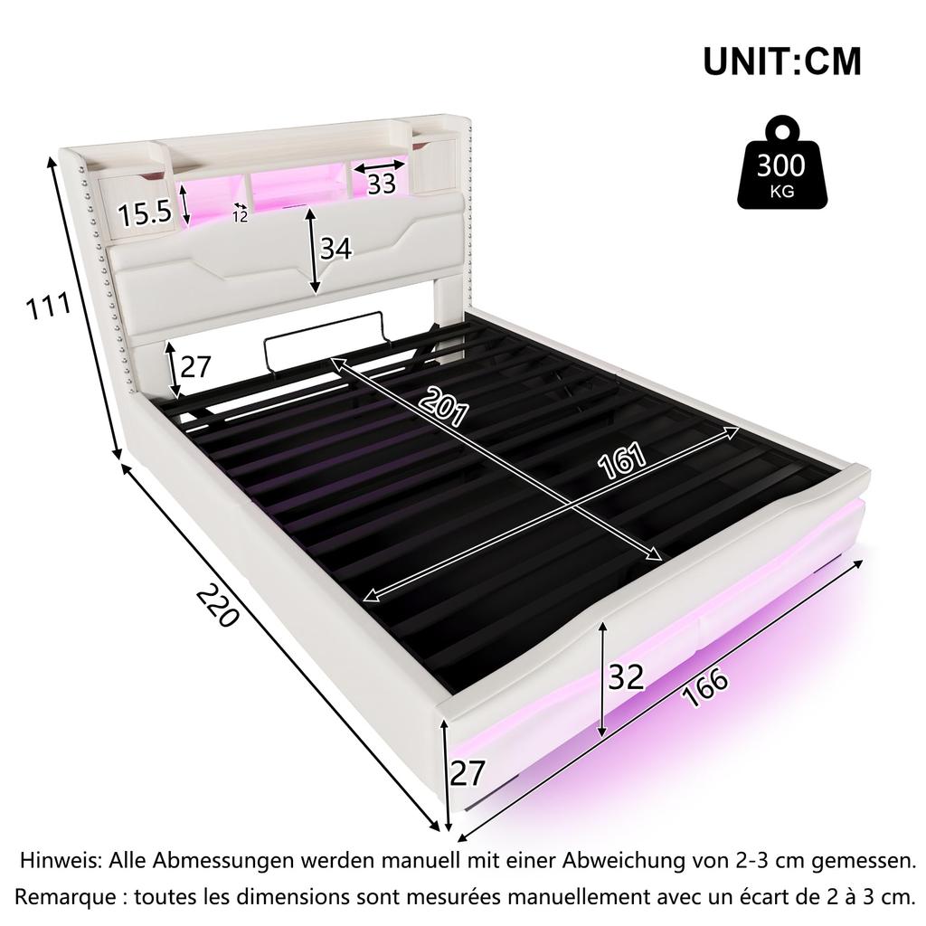 Polsterbett 160x200 Hydraulischer Stauraum, LED-Kopfteil, USB-A&C Ladefunktion, Lattenrost, ferngesteuerte Lichtleiste, Ohne Matratze, Beige