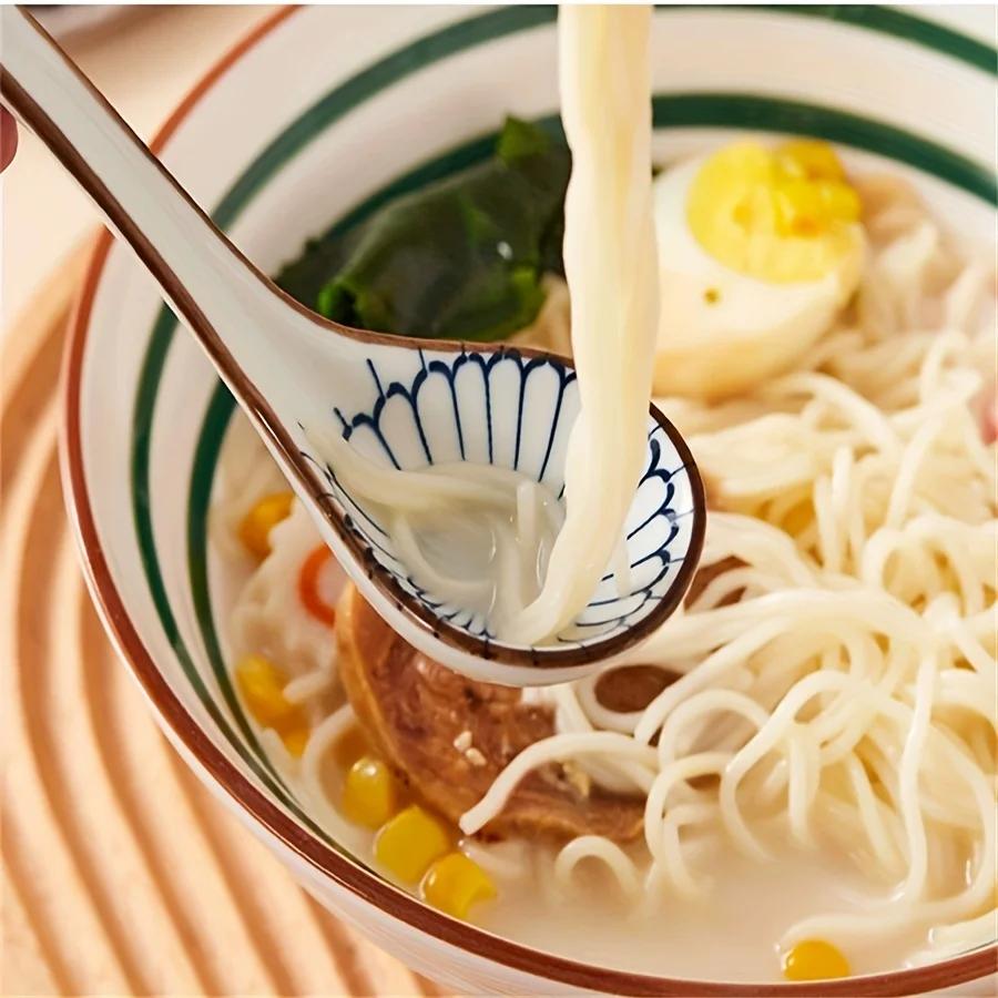 Ceramic Spoons, Long Handle, Easy To Grip, Non-slip Bottom, Suitable for Japanese Ramen, Chinese-Vietnamese Wonton, Noodle Spoon