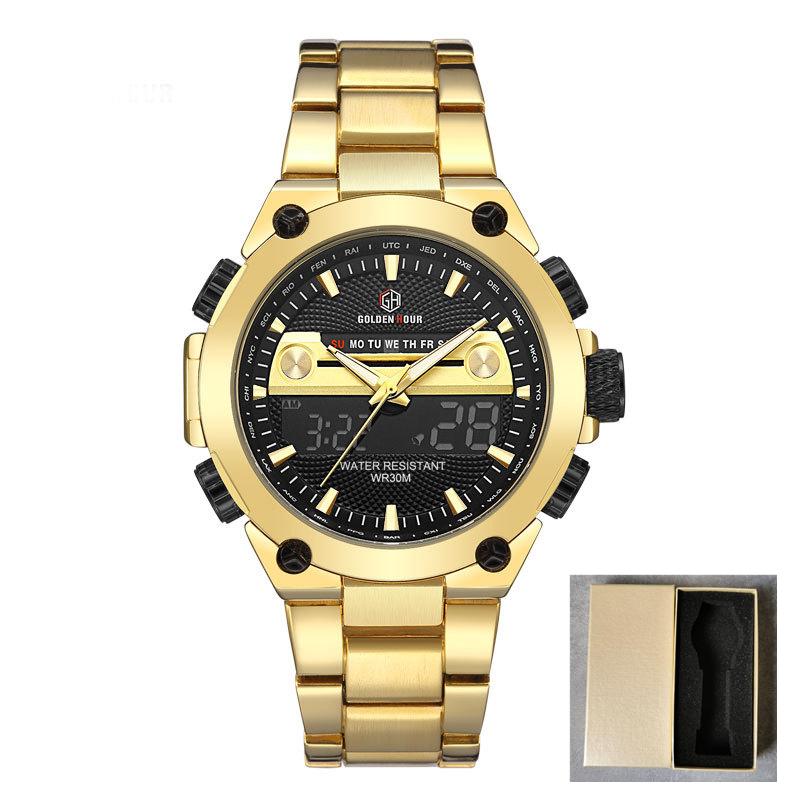 GOLDENHOUR Mens Sport Watches Luxury Gold Quartz Steel Strap Waterproof Military Digital Wristwatch Clock Relogio Masculino