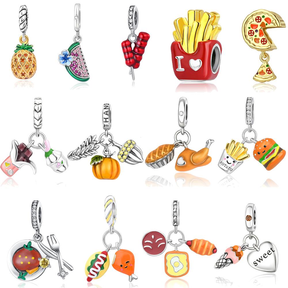 S925 Silver Creative French Fries Pizza Beaded Pendant DIY Handmade Jewelry Accessories Fashion Gift For Women