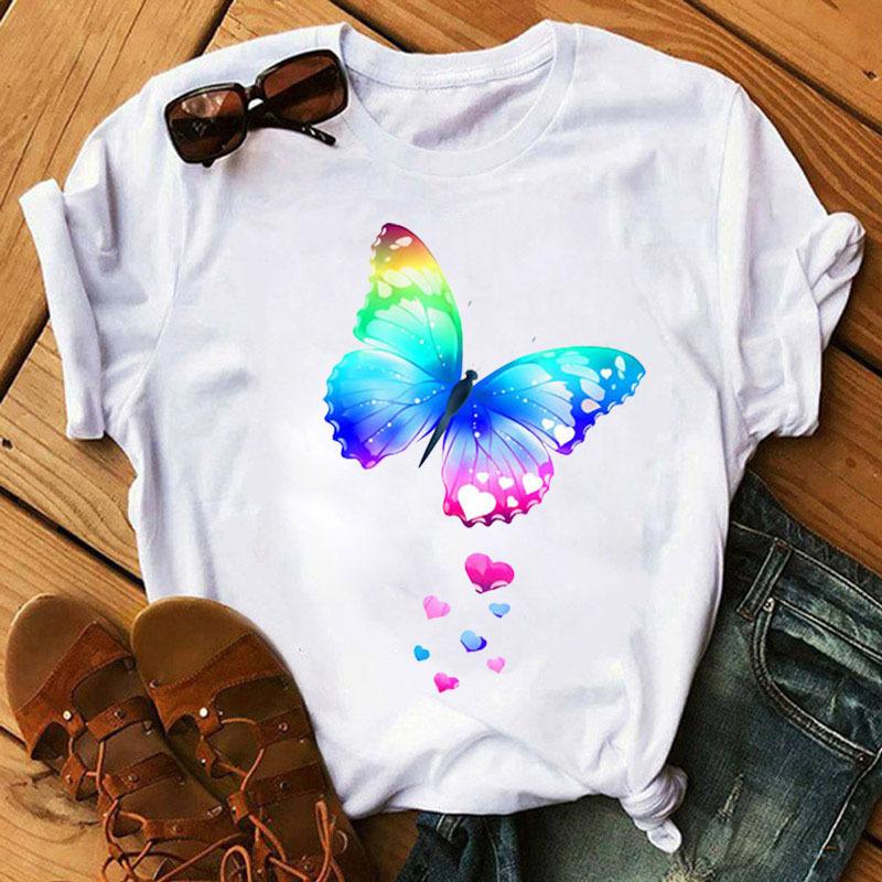 Fashionable Plus Size Color Butterfly Print Simple Base Shirt Loose Fitting Clothes Pure Cotton T-Shirts Women’s